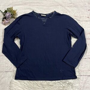 Temperley London Navy Blue Colored Satin Trim Crewneck Oversized Pajama Top